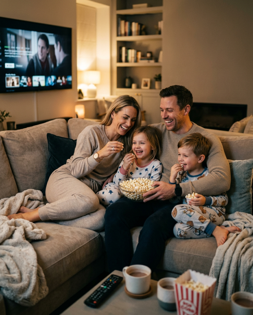 high performing happy couple eating popcorn on couch watching movies